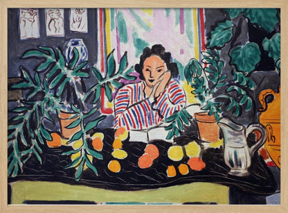 A vibrant Fauvist painting by Henri Matisse featuring a woman in a red and blue striped blouse sitting at a black table. She is surrounded by lush green potted plants and colorful citrus fruits, resting her head on her hand in a contemplative pose. Artwork