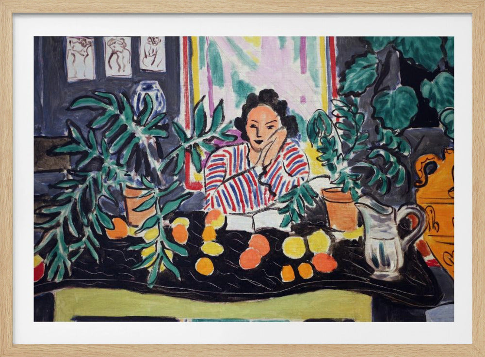 A vibrant Fauvist painting by Henri Matisse featuring a woman in a red and blue striped blouse sitting at a black table. She is surrounded by lush green potted plants and colorful citrus fruits, resting her head on her hand in a contemplative pose. Artwork
