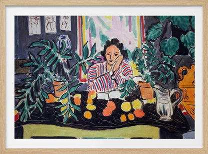 A vibrant Fauvist painting by Henri Matisse featuring a woman in a red and blue striped blouse sitting at a black table. She is surrounded by lush green potted plants and colorful citrus fruits, resting her head on her hand in a contemplative pose. Artwork