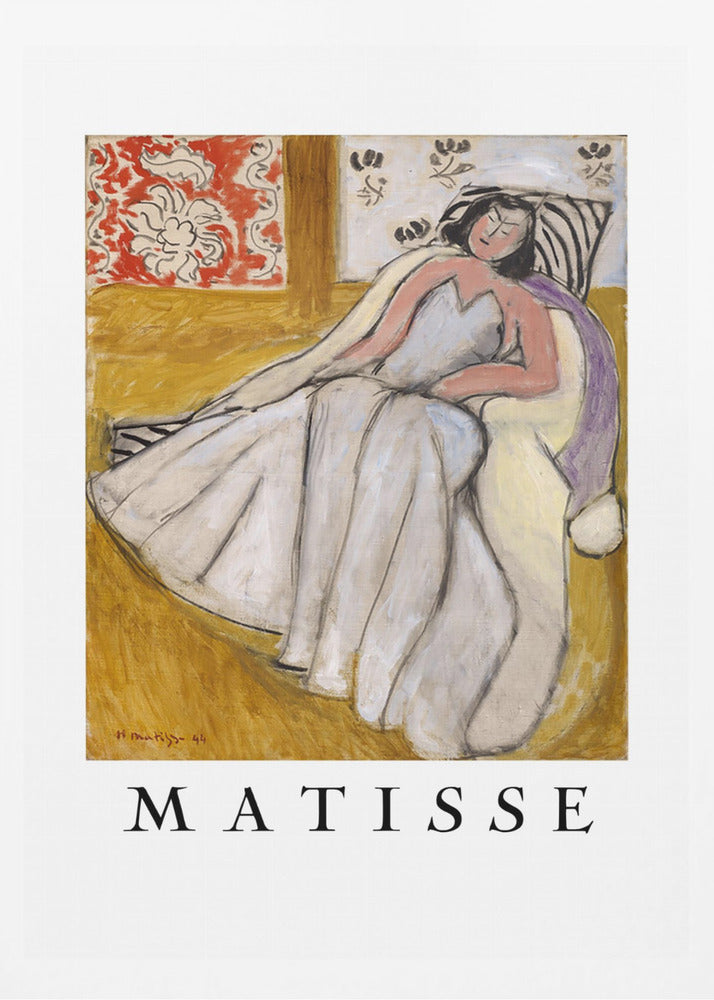An art print poster of a Henri Matisse painting. The image features a woman with dark hair wearing a long, light-colored dress, reclining in a golden-yellow armchair. The background includes a red and white floral pattern and other decorative elements. The word 'MATISSE' is printed in large black letters below the artwork, all enclosed in a black frame. Decor