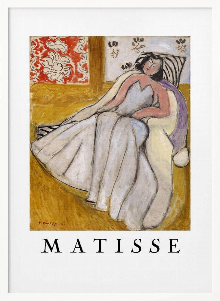 An art print poster of a Henri Matisse painting. The image features a woman with dark hair wearing a long, light-colored dress, reclining in a golden-yellow armchair. The background includes a red and white floral pattern and other decorative elements. The word 'MATISSE' is printed in large black letters below the artwork, all enclosed in a black frame. Decor