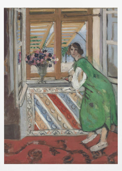 A painting by Henri Matisse depicting a woman in a loose green dress leaning on a windowsill and looking towards the viewer. Outside the open window with tan shutters, a sunny scene with a palm tree is visible. A vase of flowers sits on the sill above a colorful striped panel, and a red patterned rug covers the floor. Print