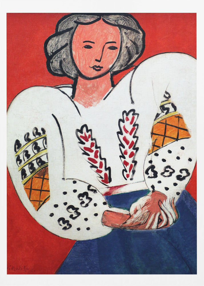 A colorful Fauvist painting by Henri Matisse depicting a woman with dark hair against a bold red background. She is wearing a traditional white Romanian blouse with voluminous, patterned sleeves and a blue skirt, with her hands clasped in her lap. Wall Art