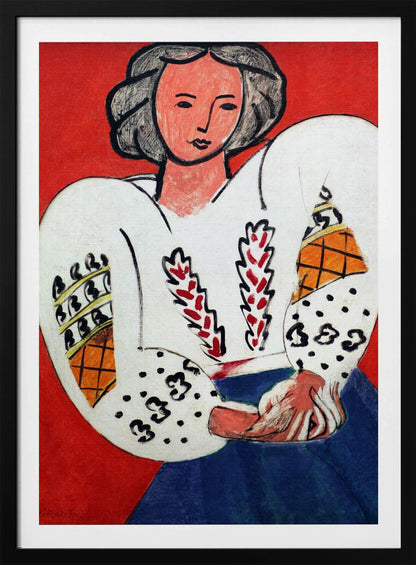 A colorful Fauvist painting by Henri Matisse depicting a woman with dark hair against a bold red background. She is wearing a traditional white Romanian blouse with voluminous, patterned sleeves and a blue skirt, with her hands clasped in her lap. Wall Art