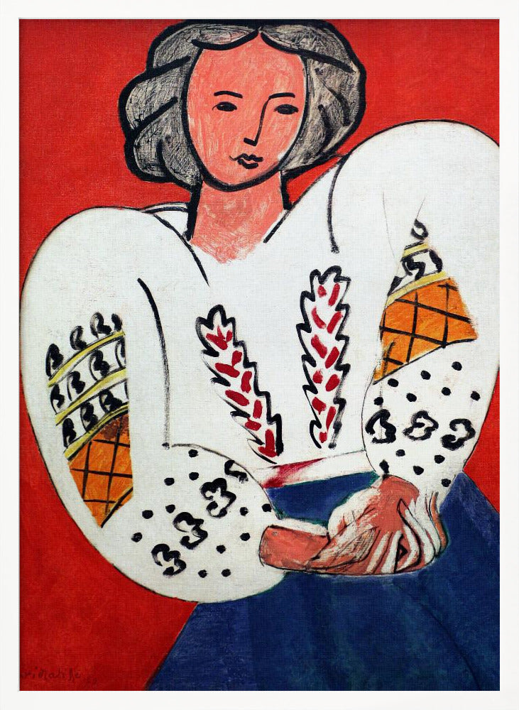 A colorful Fauvist painting by Henri Matisse depicting a woman with dark hair against a bold red background. She is wearing a traditional white Romanian blouse with voluminous, patterned sleeves and a blue skirt, with her hands clasped in her lap. Wall Art