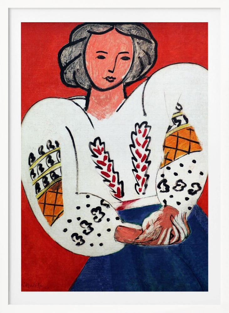A colorful Fauvist painting by Henri Matisse depicting a woman with dark hair against a bold red background. She is wearing a traditional white Romanian blouse with voluminous, patterned sleeves and a blue skirt, with her hands clasped in her lap. Wall Art