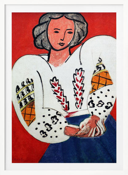A colorful Fauvist painting by Henri Matisse depicting a woman with dark hair against a bold red background. She is wearing a traditional white Romanian blouse with voluminous, patterned sleeves and a blue skirt, with her hands clasped in her lap. Wall Art