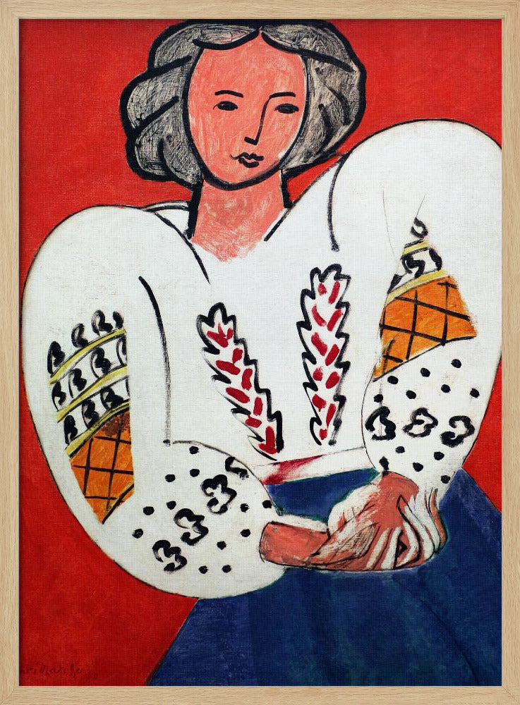 A colorful Fauvist painting by Henri Matisse depicting a woman with dark hair against a bold red background. She is wearing a traditional white Romanian blouse with voluminous, patterned sleeves and a blue skirt, with her hands clasped in her lap. Wall Art