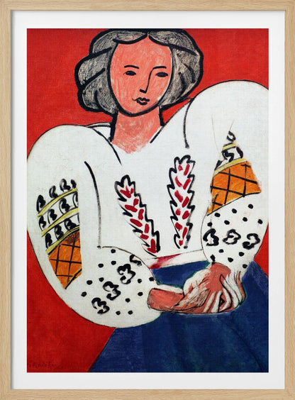 A colorful Fauvist painting by Henri Matisse depicting a woman with dark hair against a bold red background. She is wearing a traditional white Romanian blouse with voluminous, patterned sleeves and a blue skirt, with her hands clasped in her lap. Wall Art