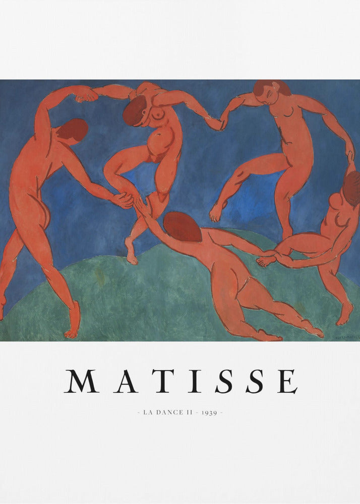 A poster of Henri Matisse's famous painting 'La Danse II', featuring five nude, reddish-orange figures dancing joyfully in a circle against a stark background of deep blue sky and green earth. The poster has a white border with 'MATISSE' and the title and year printed below the artwork, all within a black frame. Wall Art