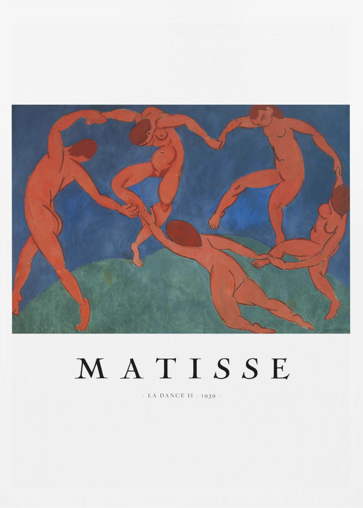 A poster of Henri Matisse's famous painting 'La Danse II', featuring five nude, reddish-orange figures dancing joyfully in a circle against a stark background of deep blue sky and green earth. The poster has a white border with 'MATISSE' and the title and year printed below the artwork, all within a black frame. Wall Art
