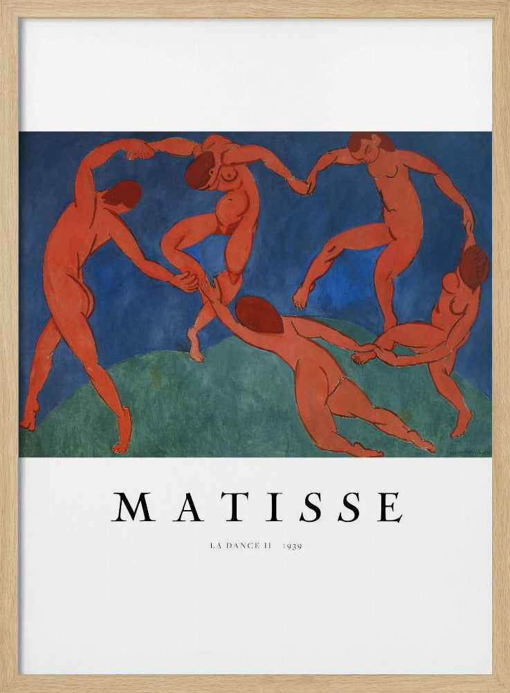 A poster of Henri Matisse's famous painting 'La Danse II', featuring five nude, reddish-orange figures dancing joyfully in a circle against a stark background of deep blue sky and green earth. The poster has a white border with 'MATISSE' and the title and year printed below the artwork, all within a black frame. Wall Art