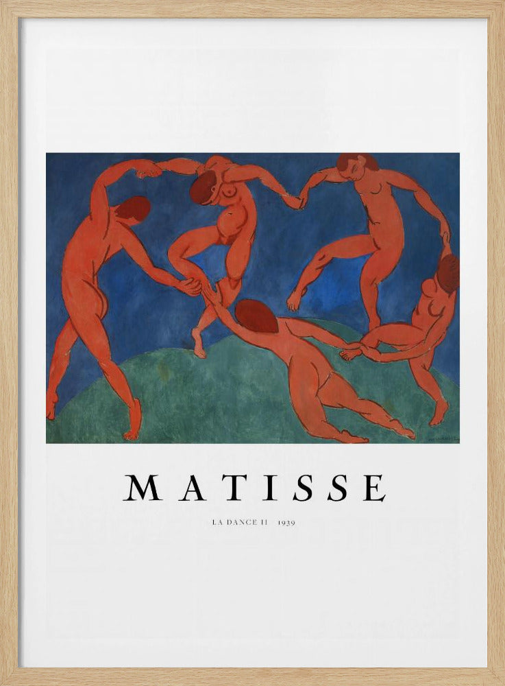 A poster of Henri Matisse's famous painting 'La Danse II', featuring five nude, reddish-orange figures dancing joyfully in a circle against a stark background of deep blue sky and green earth. The poster has a white border with 'MATISSE' and the title and year printed below the artwork, all within a black frame. Wall Art