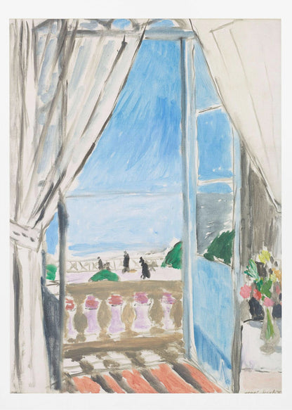 A Fauvist-style painting by Henri Matisse of a view from a window. The scene looks out from behind white curtains, over a balcony with a terracotta floor, to a bright blue sea and sky. Silhouettes of people walk along a promenade in the distance. To the right, a small vase of colorful flowers sits on a table. Decor