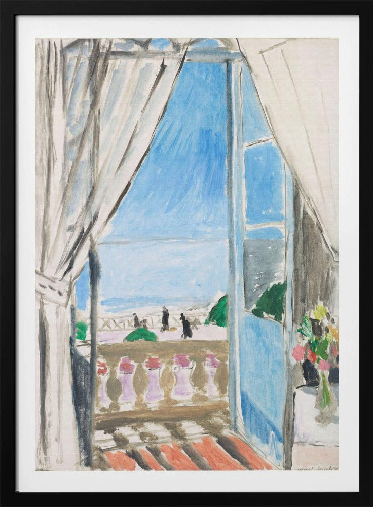 A Fauvist-style painting by Henri Matisse of a view from a window. The scene looks out from behind white curtains, over a balcony with a terracotta floor, to a bright blue sea and sky. Silhouettes of people walk along a promenade in the distance. To the right, a small vase of colorful flowers sits on a table. Decor
