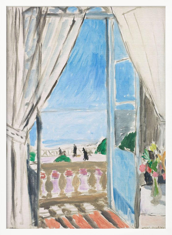 A Fauvist-style painting by Henri Matisse of a view from a window. The scene looks out from behind white curtains, over a balcony with a terracotta floor, to a bright blue sea and sky. Silhouettes of people walk along a promenade in the distance. To the right, a small vase of colorful flowers sits on a table. Decor