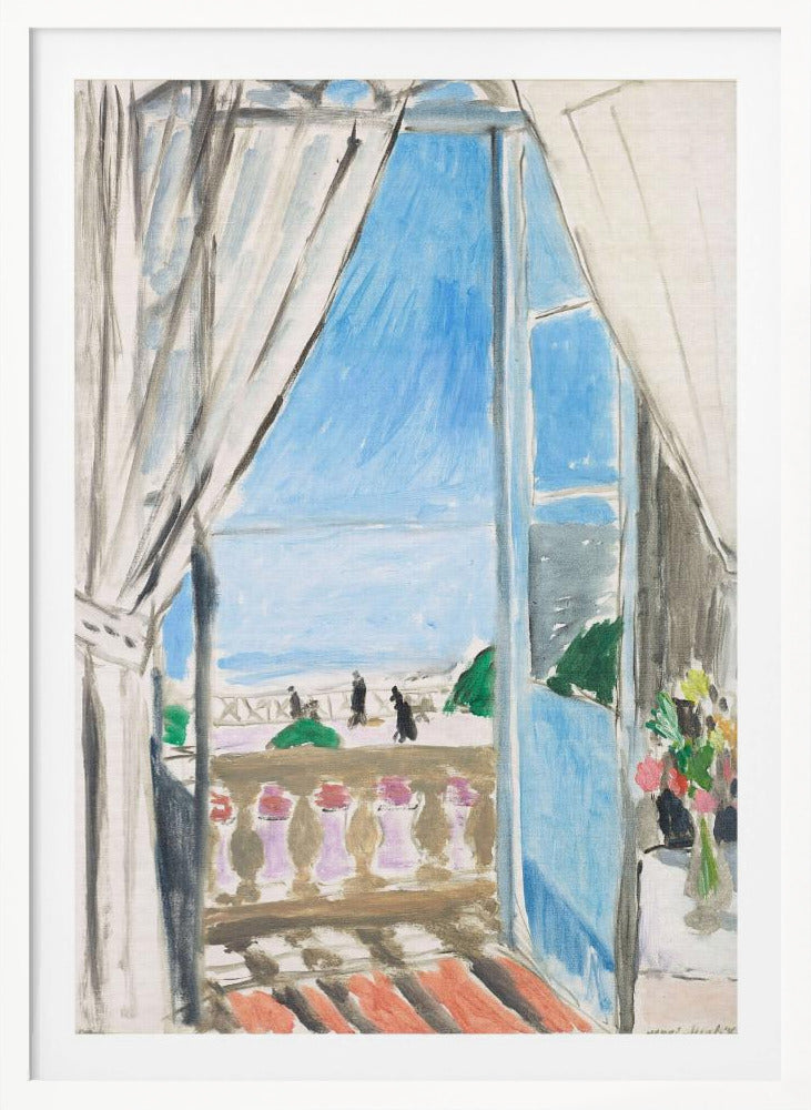 A Fauvist-style painting by Henri Matisse of a view from a window. The scene looks out from behind white curtains, over a balcony with a terracotta floor, to a bright blue sea and sky. Silhouettes of people walk along a promenade in the distance. To the right, a small vase of colorful flowers sits on a table. Decor