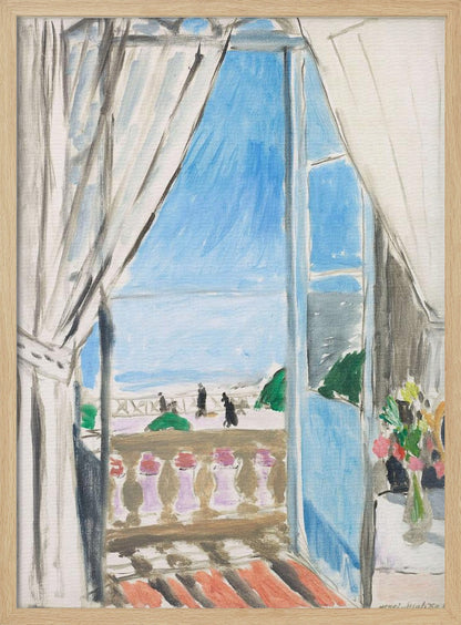 A Fauvist-style painting by Henri Matisse of a view from a window. The scene looks out from behind white curtains, over a balcony with a terracotta floor, to a bright blue sea and sky. Silhouettes of people walk along a promenade in the distance. To the right, a small vase of colorful flowers sits on a table. Decor
