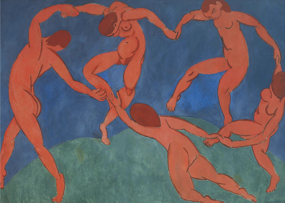 A framed print of Henri Matisse's painting 'The Dance,' featuring five nude, reddish-orange figures holding hands and dancing in a circle against a vibrant blue sky and a green hill. Decor