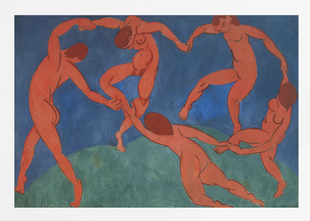 A framed print of Henri Matisse's painting 'The Dance,' featuring five nude, reddish-orange figures holding hands and dancing in a circle against a vibrant blue sky and a green hill. Decor