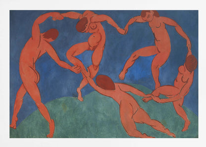 A framed print of Henri Matisse's painting 'The Dance,' featuring five nude, reddish-orange figures holding hands and dancing in a circle against a vibrant blue sky and a green hill. Decor
