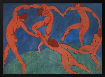 A framed print of Henri Matisse's painting 'The Dance,' featuring five nude, reddish-orange figures holding hands and dancing in a circle against a vibrant blue sky and a green hill. Decor