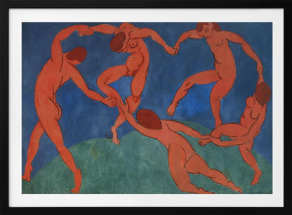 A framed print of Henri Matisse's painting 'The Dance,' featuring five nude, reddish-orange figures holding hands and dancing in a circle against a vibrant blue sky and a green hill. Decor