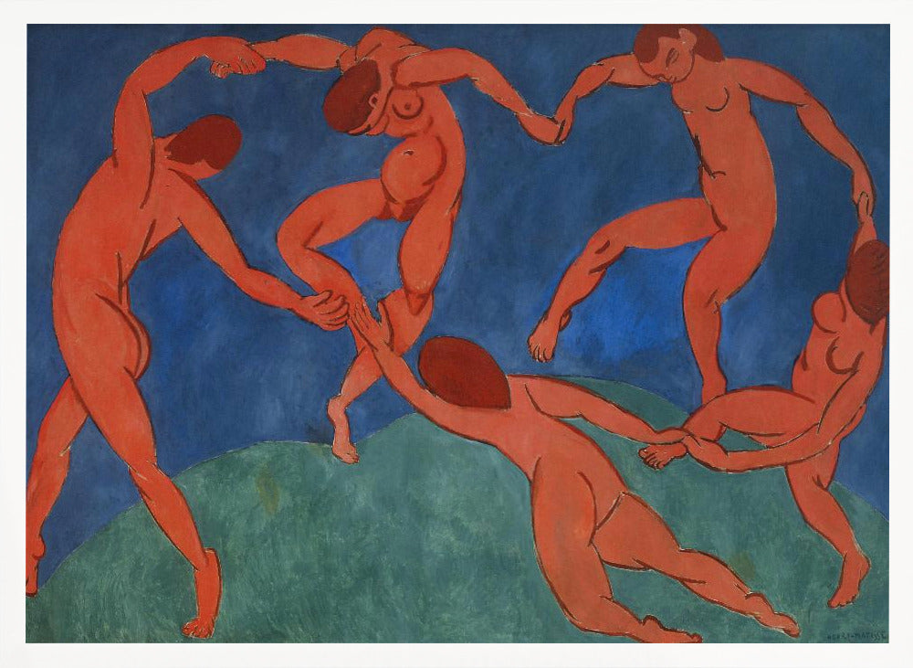 A framed print of Henri Matisse's painting 'The Dance,' featuring five nude, reddish-orange figures holding hands and dancing in a circle against a vibrant blue sky and a green hill. Decor