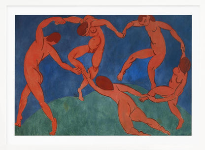 A framed print of Henri Matisse's painting 'The Dance,' featuring five nude, reddish-orange figures holding hands and dancing in a circle against a vibrant blue sky and a green hill. Decor