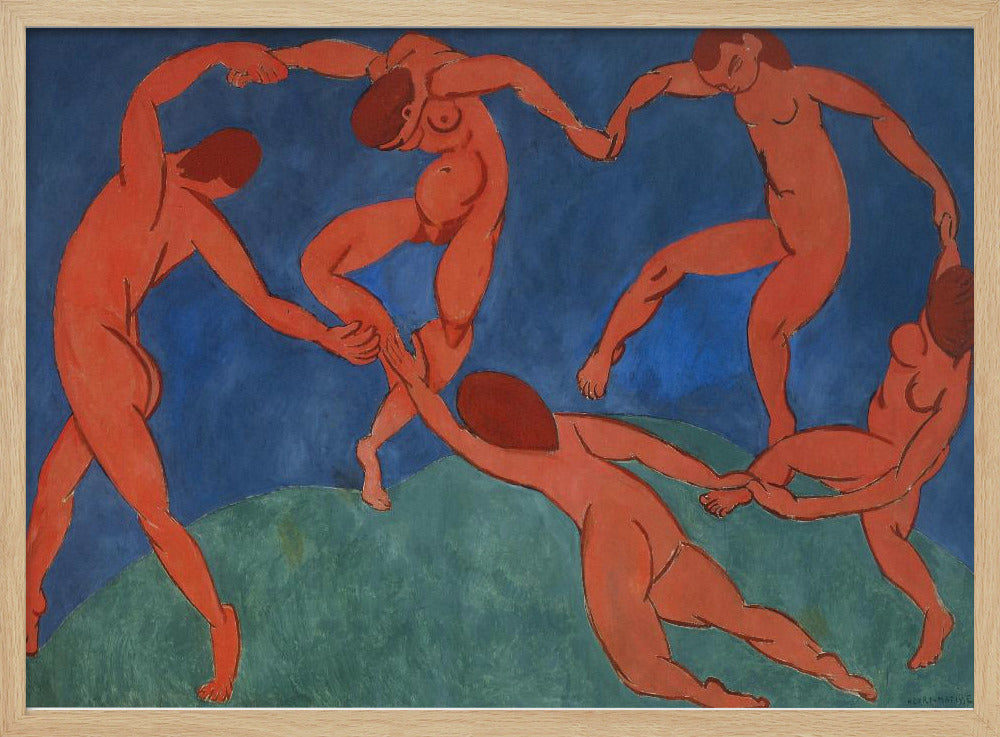 A framed print of Henri Matisse's painting 'The Dance,' featuring five nude, reddish-orange figures holding hands and dancing in a circle against a vibrant blue sky and a green hill. Decor