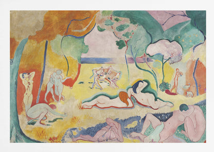 A framed print of Henri Matisse's Fauvist painting, 'Le bonheur de vivre' (The Joy of Life). It shows a vibrant, colorful landscape with numerous nude figures relaxing, dancing, and playing music. The scene uses unnaturalistic colors like yellow earth, orange and green trees, and a pink sky to evoke a sense of idyllic joy. Decor