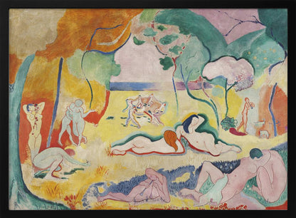A framed print of Henri Matisse's Fauvist painting, 'Le bonheur de vivre' (The Joy of Life). It shows a vibrant, colorful landscape with numerous nude figures relaxing, dancing, and playing music. The scene uses unnaturalistic colors like yellow earth, orange and green trees, and a pink sky to evoke a sense of idyllic joy. Decor