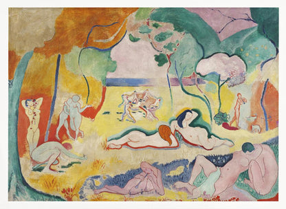 A framed print of Henri Matisse's Fauvist painting, 'Le bonheur de vivre' (The Joy of Life). It shows a vibrant, colorful landscape with numerous nude figures relaxing, dancing, and playing music. The scene uses unnaturalistic colors like yellow earth, orange and green trees, and a pink sky to evoke a sense of idyllic joy. Decor