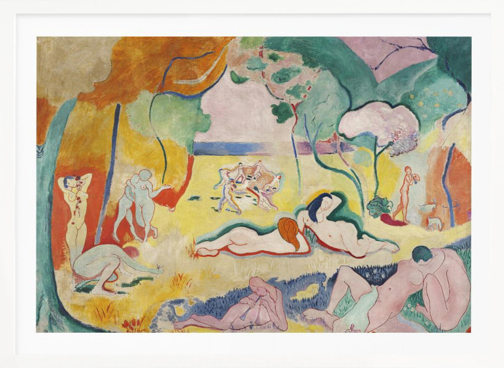 A framed print of Henri Matisse's Fauvist painting, 'Le bonheur de vivre' (The Joy of Life). It shows a vibrant, colorful landscape with numerous nude figures relaxing, dancing, and playing music. The scene uses unnaturalistic colors like yellow earth, orange and green trees, and a pink sky to evoke a sense of idyllic joy. Decor