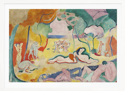 A framed print of Henri Matisse's Fauvist painting, 'Le bonheur de vivre' (The Joy of Life). It shows a vibrant, colorful landscape with numerous nude figures relaxing, dancing, and playing music. The scene uses unnaturalistic colors like yellow earth, orange and green trees, and a pink sky to evoke a sense of idyllic joy. Decor