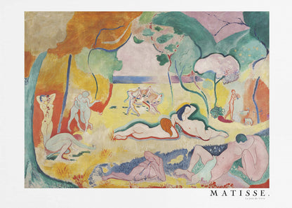 A framed art print of Henri Matisse's famous Fauvist painting, 'Le Bonheur de Vivre' (The Joy of Life). The colorful, idyllic landscape is filled with nude figures lounging, dancing, and playing music under vibrant yellow, orange, and green trees against a pink sky. Wall Art
