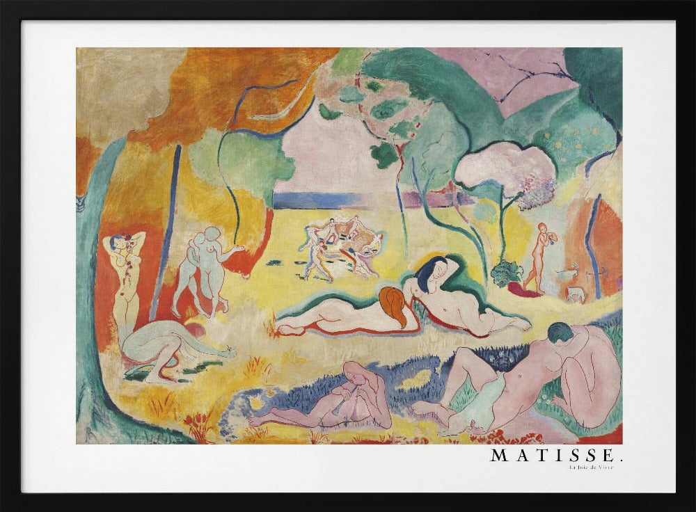 A framed art print of Henri Matisse's famous Fauvist painting, 'Le Bonheur de Vivre' (The Joy of Life). The colorful, idyllic landscape is filled with nude figures lounging, dancing, and playing music under vibrant yellow, orange, and green trees against a pink sky. Wall Art