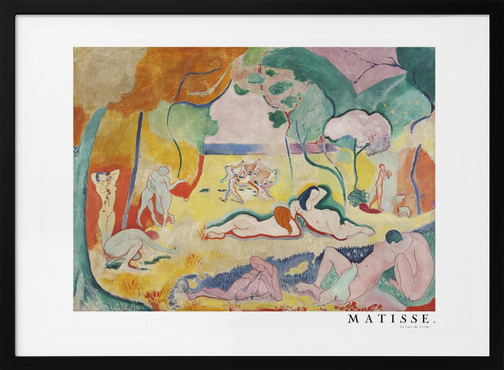 A framed art print of Henri Matisse's famous Fauvist painting, 'Le Bonheur de Vivre' (The Joy of Life). The colorful, idyllic landscape is filled with nude figures lounging, dancing, and playing music under vibrant yellow, orange, and green trees against a pink sky. Wall Art