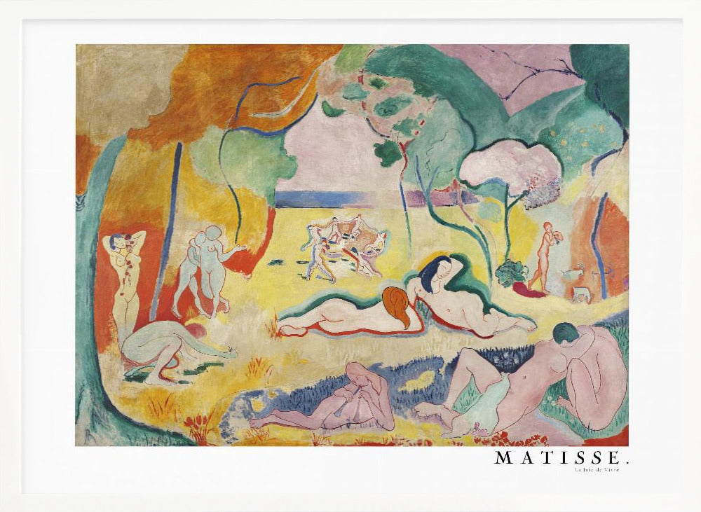 A framed art print of Henri Matisse's famous Fauvist painting, 'Le Bonheur de Vivre' (The Joy of Life). The colorful, idyllic landscape is filled with nude figures lounging, dancing, and playing music under vibrant yellow, orange, and green trees against a pink sky. Wall Art