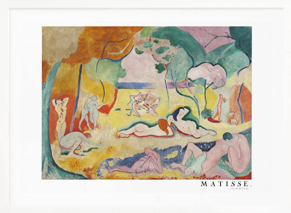 A framed art print of Henri Matisse's famous Fauvist painting, 'Le Bonheur de Vivre' (The Joy of Life). The colorful, idyllic landscape is filled with nude figures lounging, dancing, and playing music under vibrant yellow, orange, and green trees against a pink sky. Wall Art