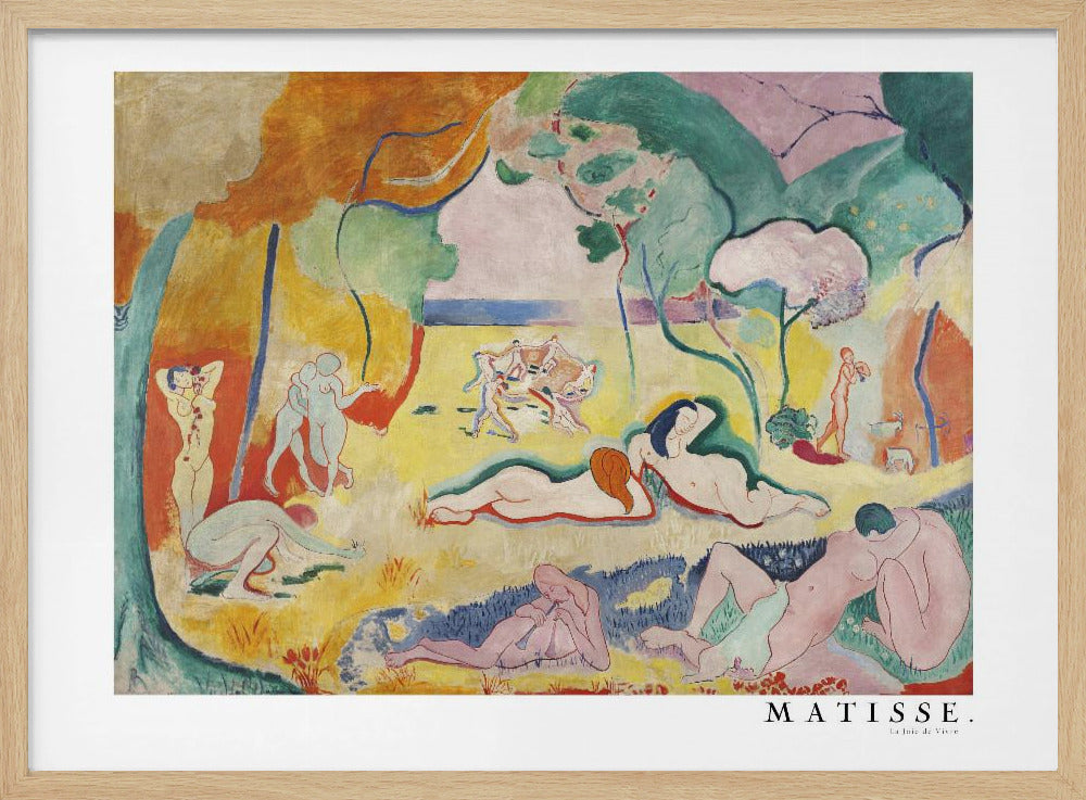 A framed art print of Henri Matisse's famous Fauvist painting, 'Le Bonheur de Vivre' (The Joy of Life). The colorful, idyllic landscape is filled with nude figures lounging, dancing, and playing music under vibrant yellow, orange, and green trees against a pink sky. Wall Art
