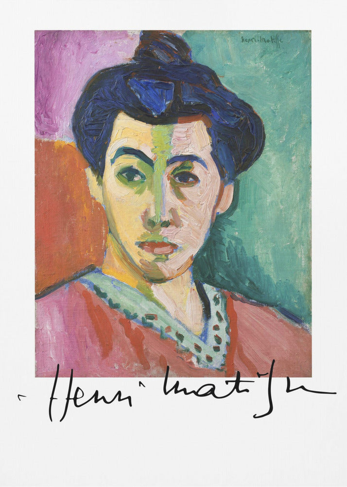 A framed art print of Henri Matisse's famous Fauvist painting, 'The Green Stripe (Portrait of Madame Matisse)'. The portrait features a woman with her hair up, her face divided by a vertical green stripe against a background of bold color blocks in purple, red, and green. The artist's signature is visible below the painting. Poster