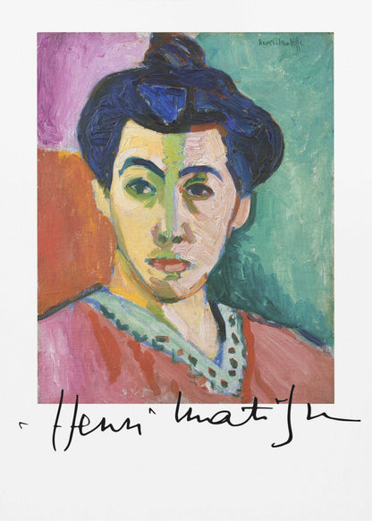 A framed art print of Henri Matisse's famous Fauvist painting, 'The Green Stripe (Portrait of Madame Matisse)'. The portrait features a woman with her hair up, her face divided by a vertical green stripe against a background of bold color blocks in purple, red, and green. The artist's signature is visible below the painting. Poster