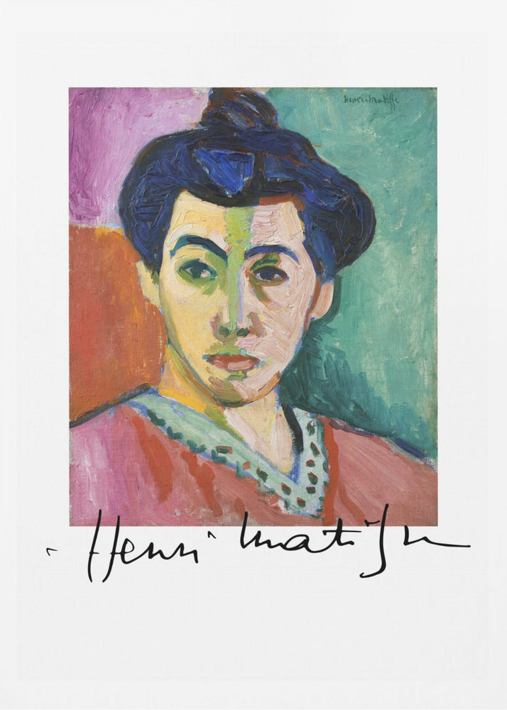 A framed art print of Henri Matisse's famous Fauvist painting, 'The Green Stripe (Portrait of Madame Matisse)'. The portrait features a woman with her hair up, her face divided by a vertical green stripe against a background of bold color blocks in purple, red, and green. The artist's signature is visible below the painting. Poster