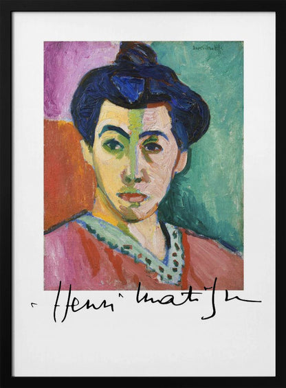 A framed art print of Henri Matisse's famous Fauvist painting, 'The Green Stripe (Portrait of Madame Matisse)'. The portrait features a woman with her hair up, her face divided by a vertical green stripe against a background of bold color blocks in purple, red, and green. The artist's signature is visible below the painting. Poster