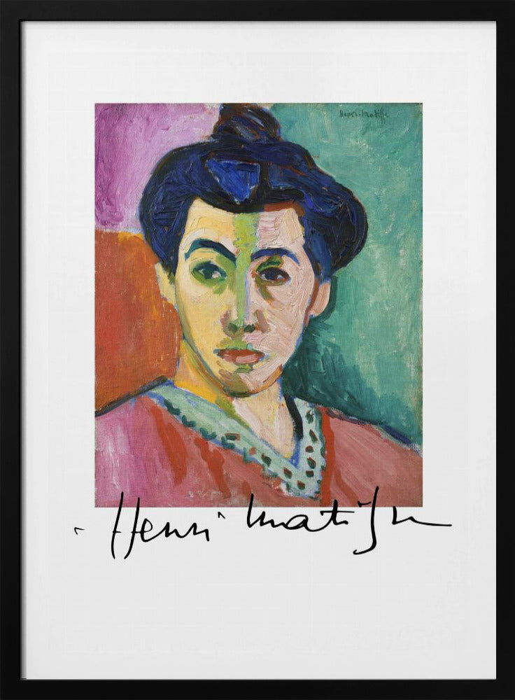 A framed art print of Henri Matisse's famous Fauvist painting, 'The Green Stripe (Portrait of Madame Matisse)'. The portrait features a woman with her hair up, her face divided by a vertical green stripe against a background of bold color blocks in purple, red, and green. The artist's signature is visible below the painting. Poster