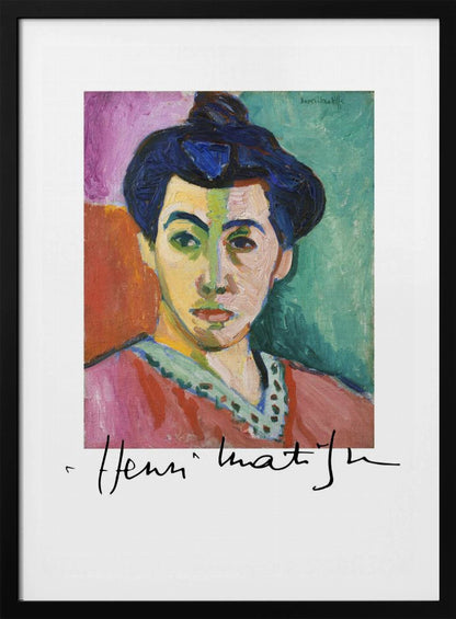 A framed art print of Henri Matisse's famous Fauvist painting, 'The Green Stripe (Portrait of Madame Matisse)'. The portrait features a woman with her hair up, her face divided by a vertical green stripe against a background of bold color blocks in purple, red, and green. The artist's signature is visible below the painting. Poster