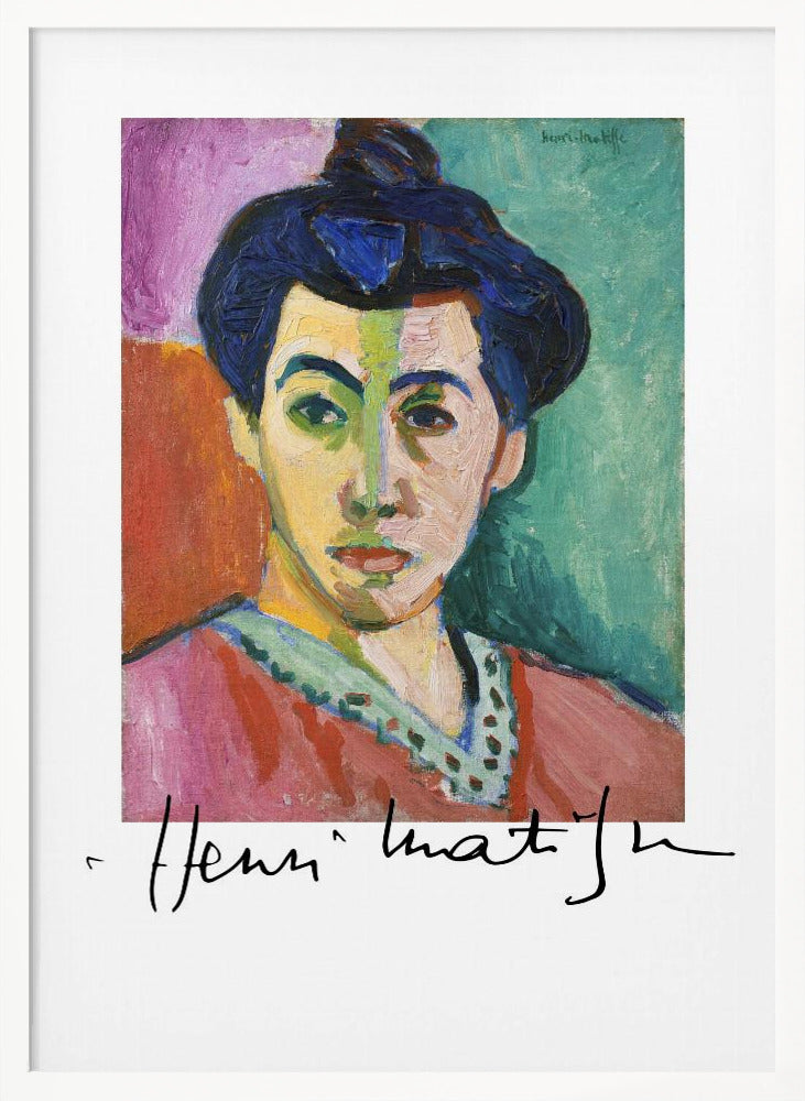 A framed art print of Henri Matisse's famous Fauvist painting, 'The Green Stripe (Portrait of Madame Matisse)'. The portrait features a woman with her hair up, her face divided by a vertical green stripe against a background of bold color blocks in purple, red, and green. The artist's signature is visible below the painting. Poster