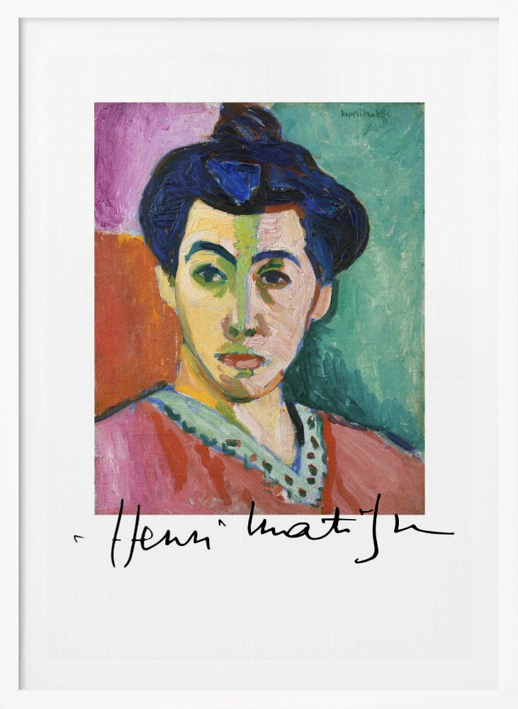 A framed art print of Henri Matisse's famous Fauvist painting, 'The Green Stripe (Portrait of Madame Matisse)'. The portrait features a woman with her hair up, her face divided by a vertical green stripe against a background of bold color blocks in purple, red, and green. The artist's signature is visible below the painting. Poster