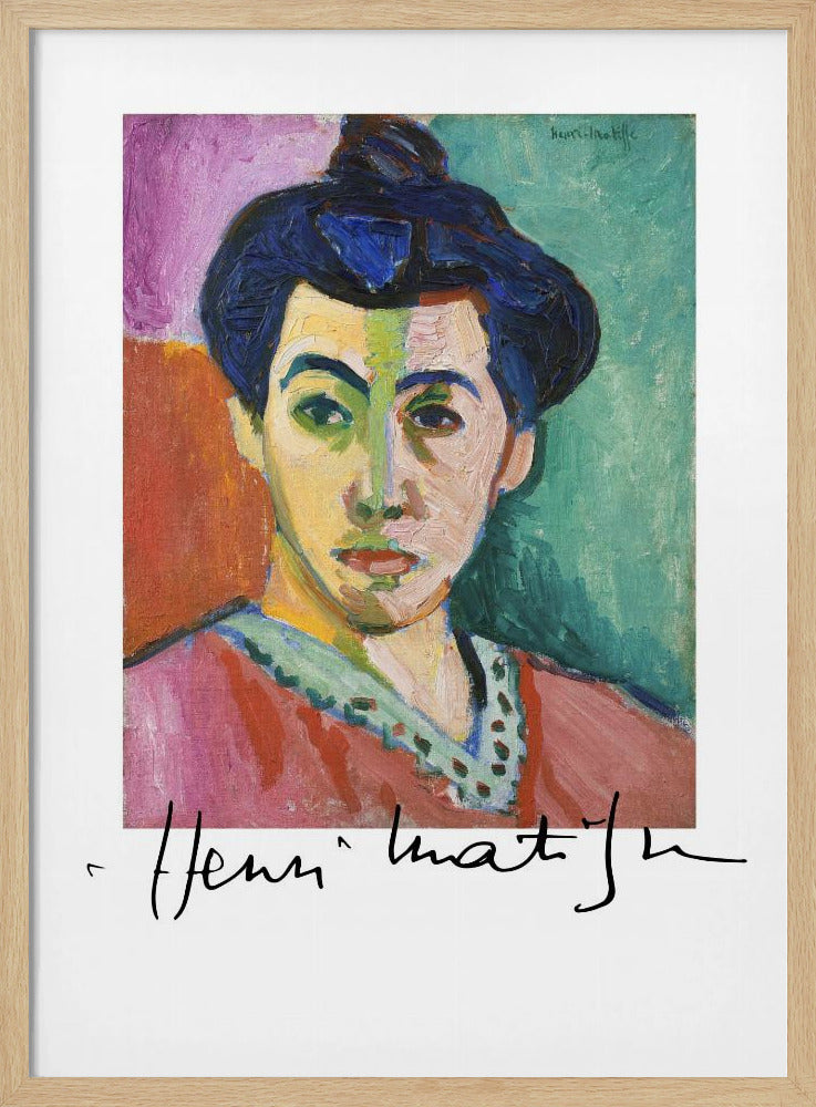 A framed art print of Henri Matisse's famous Fauvist painting, 'The Green Stripe (Portrait of Madame Matisse)'. The portrait features a woman with her hair up, her face divided by a vertical green stripe against a background of bold color blocks in purple, red, and green. The artist's signature is visible below the painting. Poster